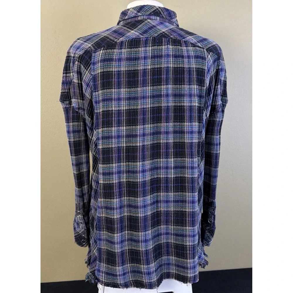 Free People Women's S Plaid Button Up Shacket Juniper Ridge Snap Side Raw Hem